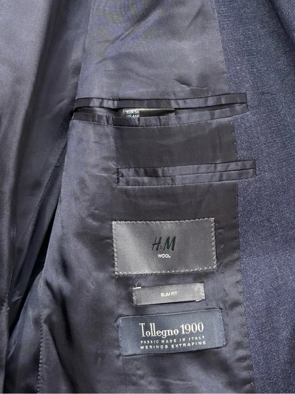 H&M Tollegno 1900 Merino Wool Blazer Slim Fit Blue Jacket 46R Elbow Patches